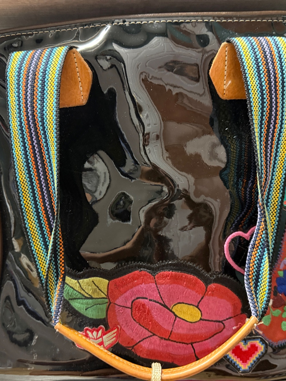 Consuela Black Patent Floral Tote Bag with Multicolor Strap